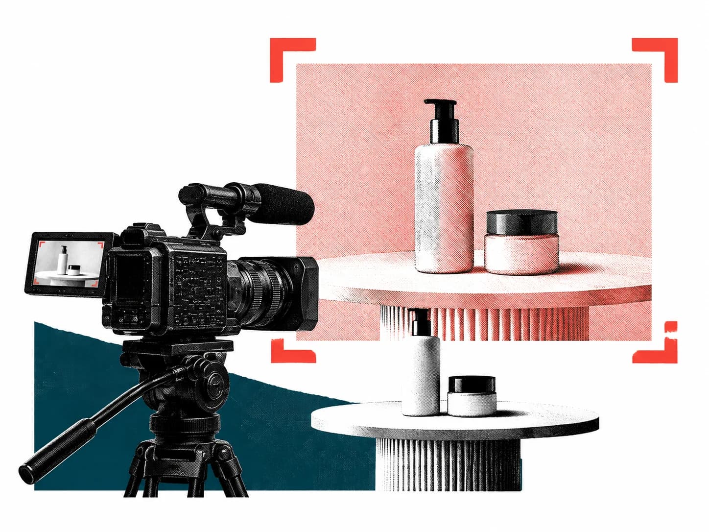 Printed collage of a studio camera framing a skincare product demonstration on a screen.