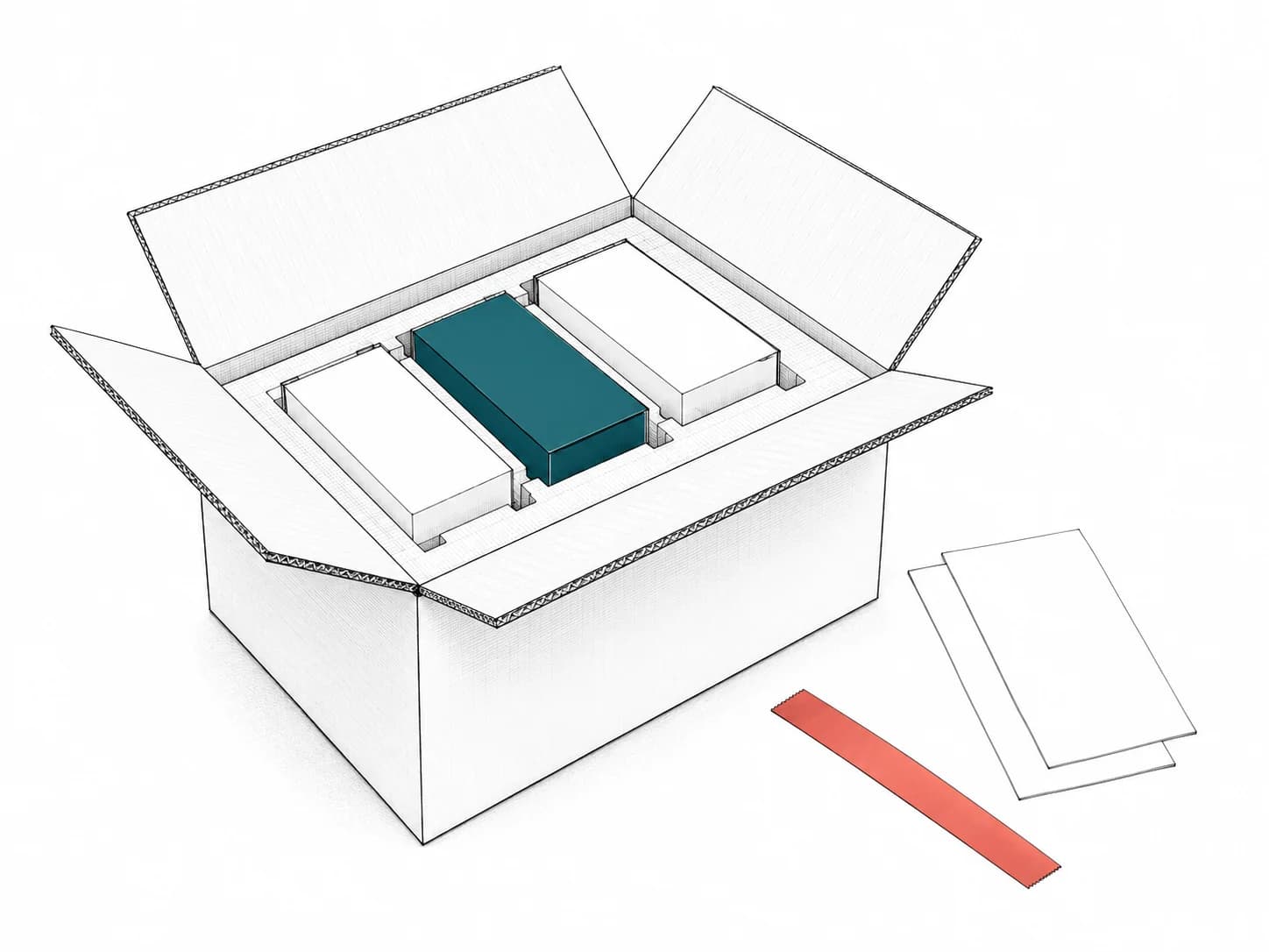 Technical drawing of a carefully packed shipping carton, protective inserts, and blank export documents.