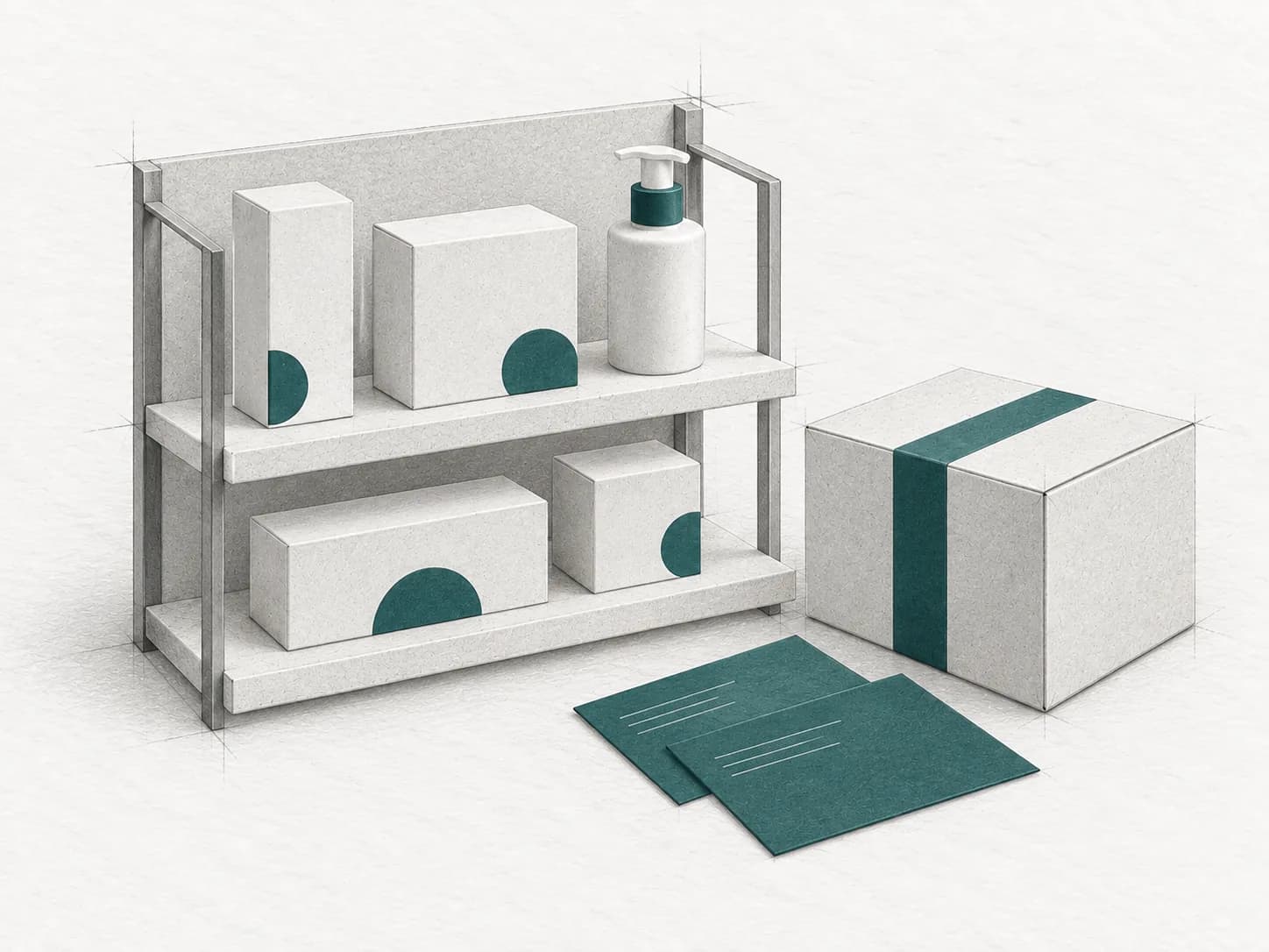 Paper illustration of a retail display shelf, unbranded products and a sealed replenishment carton.