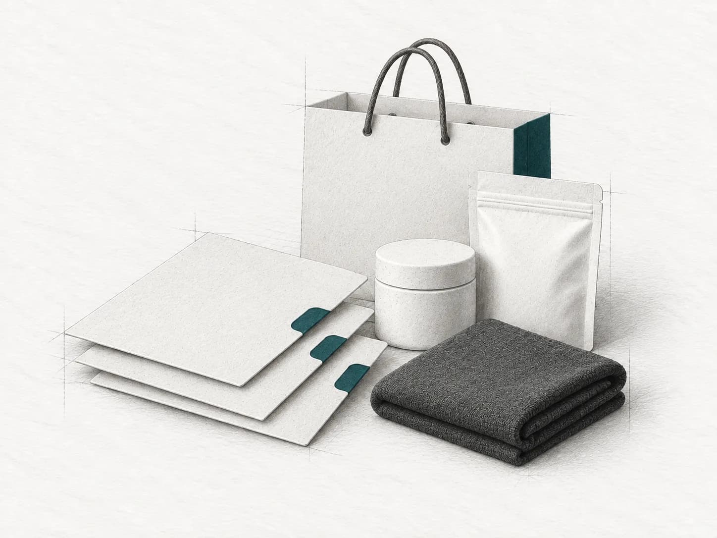 Paper illustration of shared order folders, a shopping bag and a small product selection for a group-buying campaign.