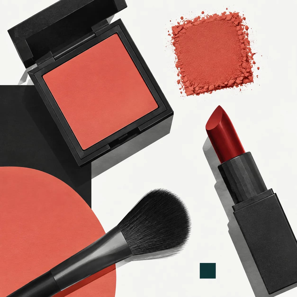 Graphic lipstick, compact powder, and brush forms arranged with a precise coral pigment swatch.