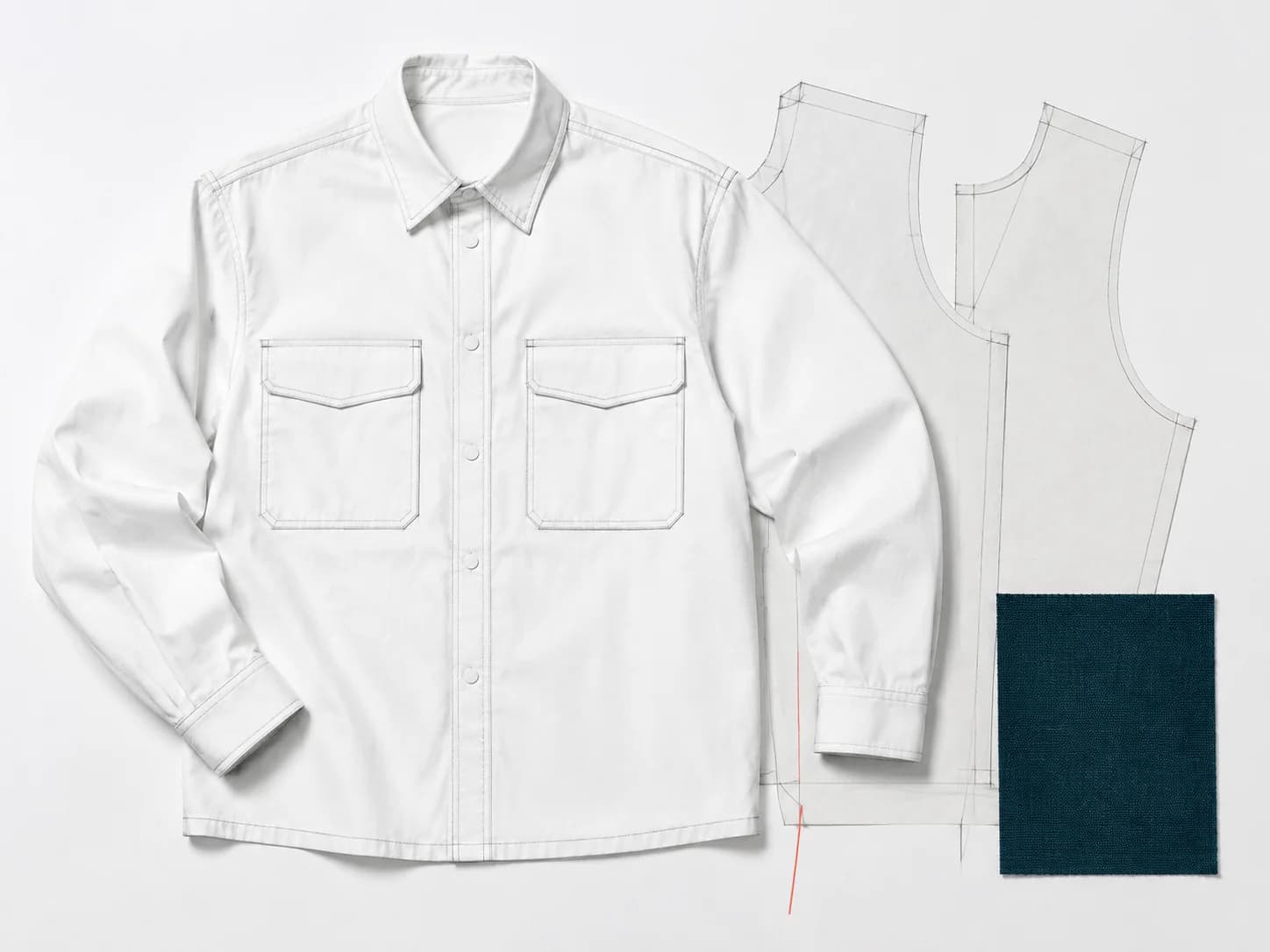 An editorial garment study combining a structured shirt, flat tailoring patterns, and a teal fabric swatch.