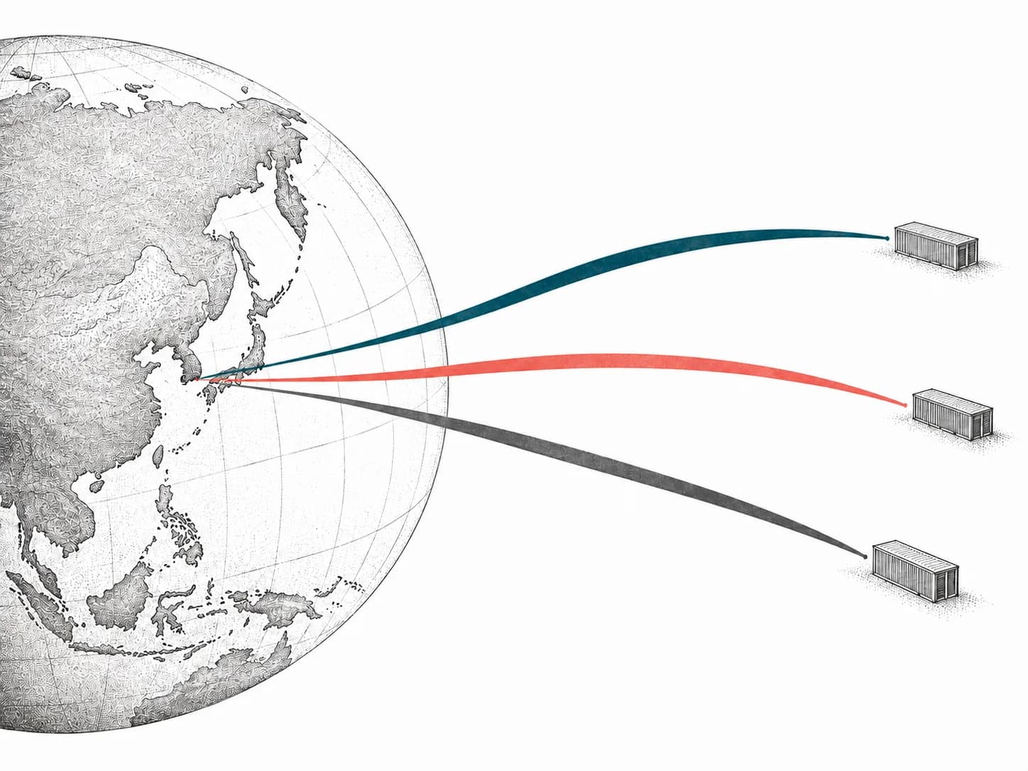 Atlas-style print of a globe with symbolic trade paths from Korea, not actual shipping routes.