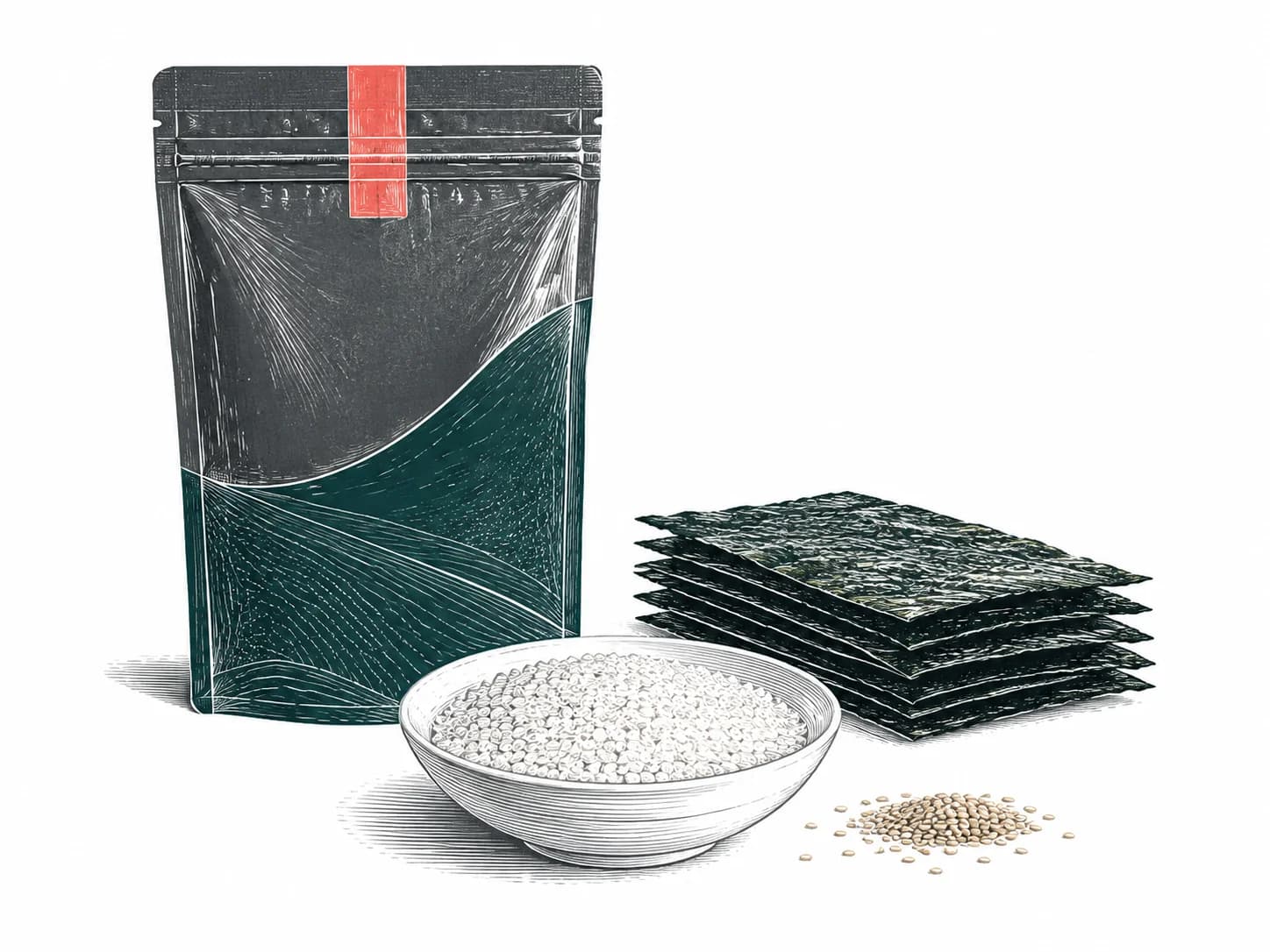A clean illustrated pantry selection with a standing food pouch, seaweed sheets, a rice bowl, and sesame grains.