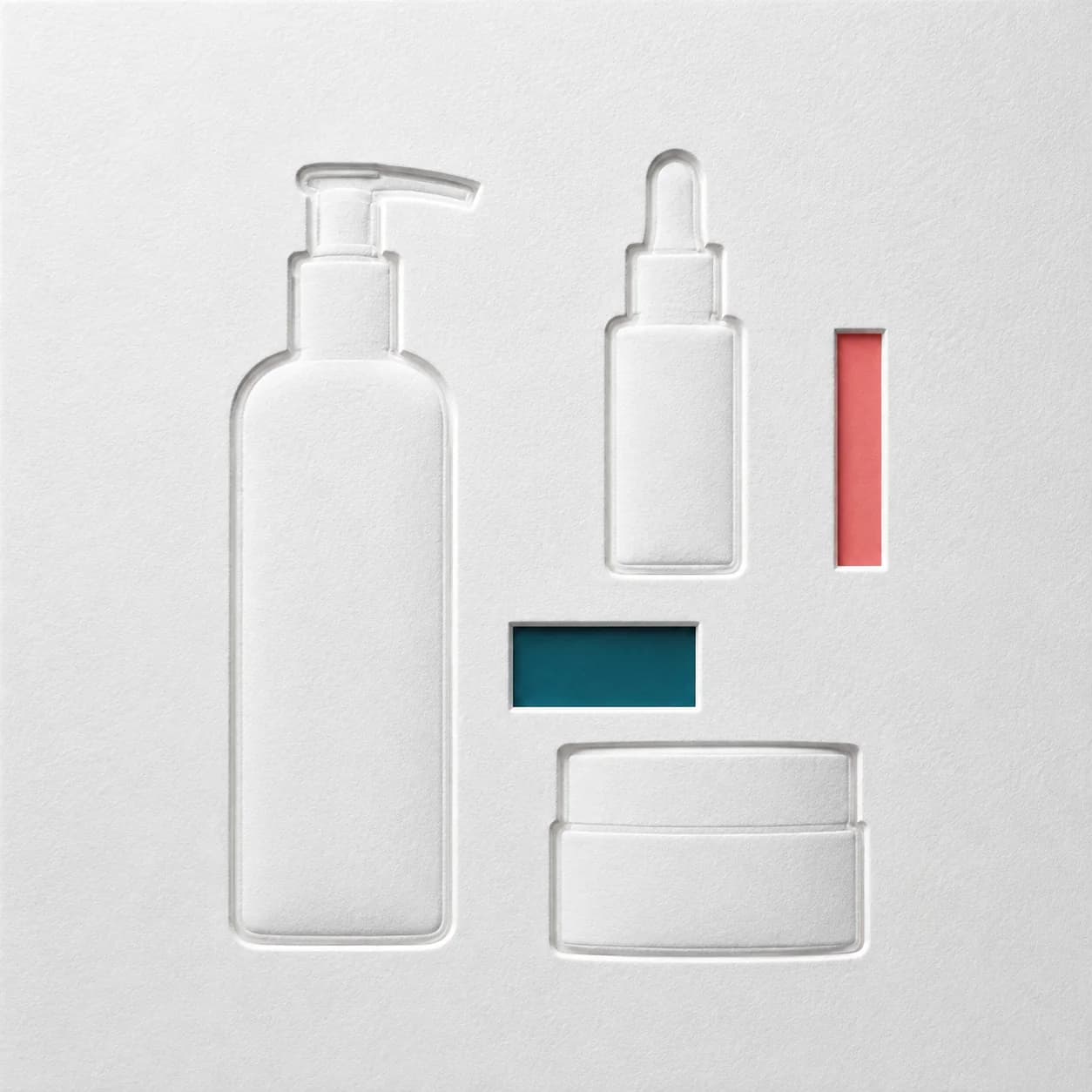 Blind-embossed silhouettes of a pump bottle, serum dropper, and cream jar with a teal swatch and coral tab.