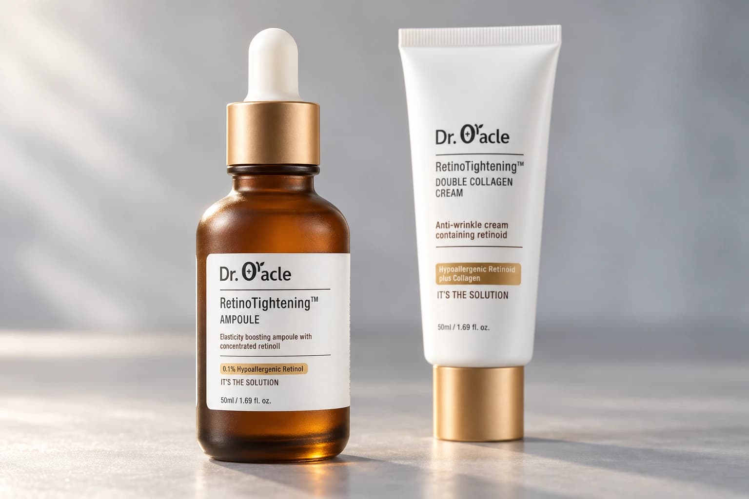 실제 DR.ORACLE 레티노타이트닝 앰플 50ml와 더블 콜라겐 크림 50ml를 앞뒤로 세워 낮은 앵글에서 바라본 AI 에디토리얼 이미지