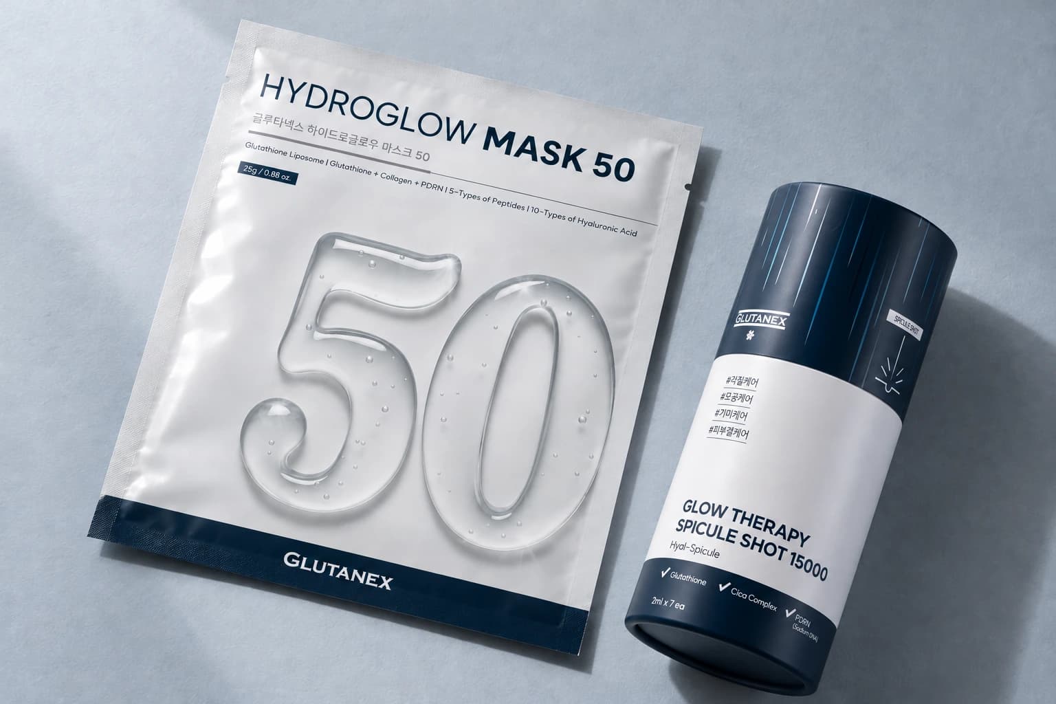 실제 GLUTANEX 하이드로글로우 마스크 50과 스피큘 샷 15000을 참조해 회청색 바탕에 사선으로 연출한 AI 에디토리얼 이미지